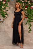 Sparkly Beading Black Square Neck Tulle Formal Dress with Slit