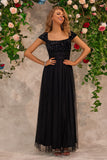 Sparkly Beading Black Square Neck Tulle Formal Dress with Slit