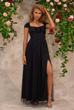 Sparkly Beading Black Square Neck Tulle Formal Dress with Slit