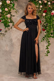 Sparkly Beading Black Square Neck Tulle Formal Dress with Slit