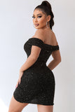 Sexy Black Off The Shoulder Beading Bodycon Short Cocktail Dress