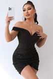 Sexy Black Off The Shoulder Beading Bodycon Short Cocktail Dress