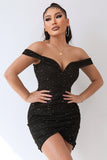 Sexy Black Off The Shoulder Beading Bodycon Short Cocktail Dress