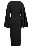 Black Mermaid V-Neck Asymmetrical Midi Cocktail Dress with Sleeves