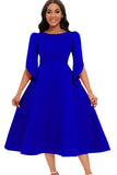 Elegant Royal Blue A Line Solid Swing Satin Dress with Half Sleeves