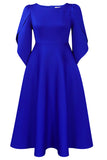 Elegant Royal Blue A Line Solid Swing Satin Dress with Half Sleeves