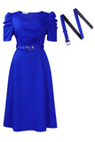 Royal Blue A Line V Neck Short Sleeves Teea-length Formal Dress with Belt