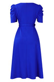 Royal Blue A Line V Neck Short Sleeves Teea-length Formal Dress with Belt