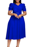 Royal Blue A Line V Neck Short Sleeves Teea-length Formal Dress with Belt