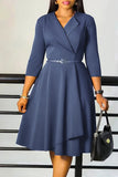 Grey Blue A Line Lapel 3/4 Sleeves Midi Cocktail Dress