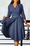 Grey Blue A Line Lapel 3/4 Sleeves Midi Cocktail Dress