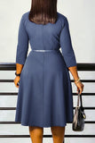 Grey Blue A Line Lapel 3/4 Sleeves Midi Cocktail Dress