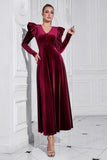 A Line V Neck Burgundy Ruffled Long Velvet Prom Dress