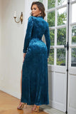 Blue High Neck Long Sleeves Velvet Prom Dress