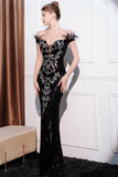 Glitter Black Mermaid Off the Shoulder Long Prom Dress with Feather