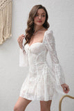 White Long Sleeves Square Neck Short Cocktail Dress with Lace