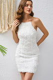 White Halter Short Backless Dress with Lace