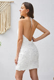 White Halter Short Backless Dress with Lace