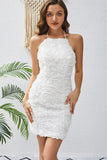 White Halter Short Backless Dress with Lace