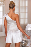 White Hollow Out One Shoulder Short Prom Dress