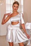 White Hollow Out One Shoulder Short Prom Dress