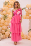 Fuchsia Floral A Line One Shoulder Tiered Long Prom Dress