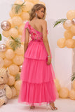 Fuchsia Floral A Line One Shoulder Tiered Long Prom Dress