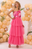 Fuchsia Floral A Line One Shoulder Tiered Long Prom Dress