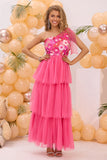 Fuchsia Floral A Line One Shoulder Tiered Long Prom Dress