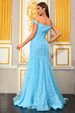 Light Blue Floral Appliques A Line Long Prom Dress