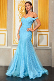 Light Blue Floral Appliques A Line Long Prom Dress