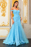 Light Blue Floral Appliques A Line Long Prom Dress