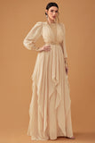 Champagne Long Sleeves A Line Prom Dress with Ruffles