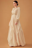 Champagne Long Sleeves A Line Prom Dress with Ruffles