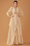 Champagne Long Sleeves A Line Prom Dress with Ruffles