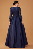 Navy A Line Sequins Long Prom Dress with Long Sleeves