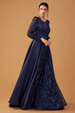 Navy A Line Sequins Long Prom Dress with Long Sleeves