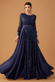 Navy A Line Sequins Long Prom Dress with Long Sleeves