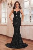 Black Sequins Spaghetti Straps Mermaid Long Prom Dress