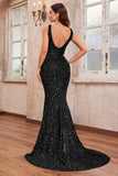 Black Sequins Spaghetti Straps Mermaid Long Prom Dress