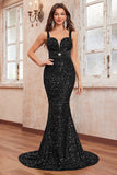 Black Sequins Spaghetti Straps Mermaid Long Prom Dress