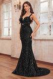 Black Sequins Spaghetti Straps Mermaid Long Prom Dress