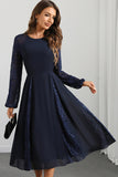 Navy Round Neck A Line Prom Dress with Long Sleeves