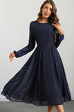 Navy Round Neck A Line Prom Dress with Long Sleeves