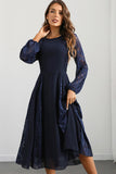 Navy Round Neck A Line Prom Dress with Long Sleeves