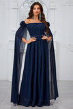 Navy A Line Off the Shoulder Long Prom Dress