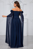 Navy A Line Off the Shoulder Long Prom Dress