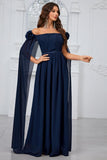 Navy A Line Off the Shoulder Long Prom Dress