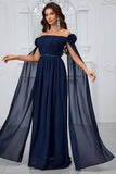 Navy A Line Off the Shoulder Long Prom Dress