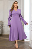 Elegant Violet V Neck Plain Midi Bodycon Long Sleeve Prom Dress